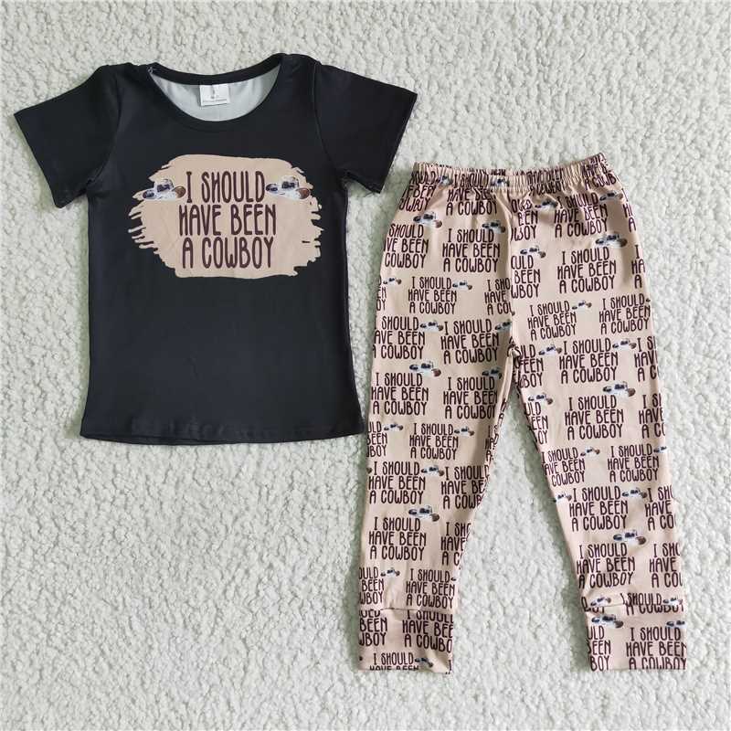 GSPO0051  boys black short sleeve brown letters pants Set