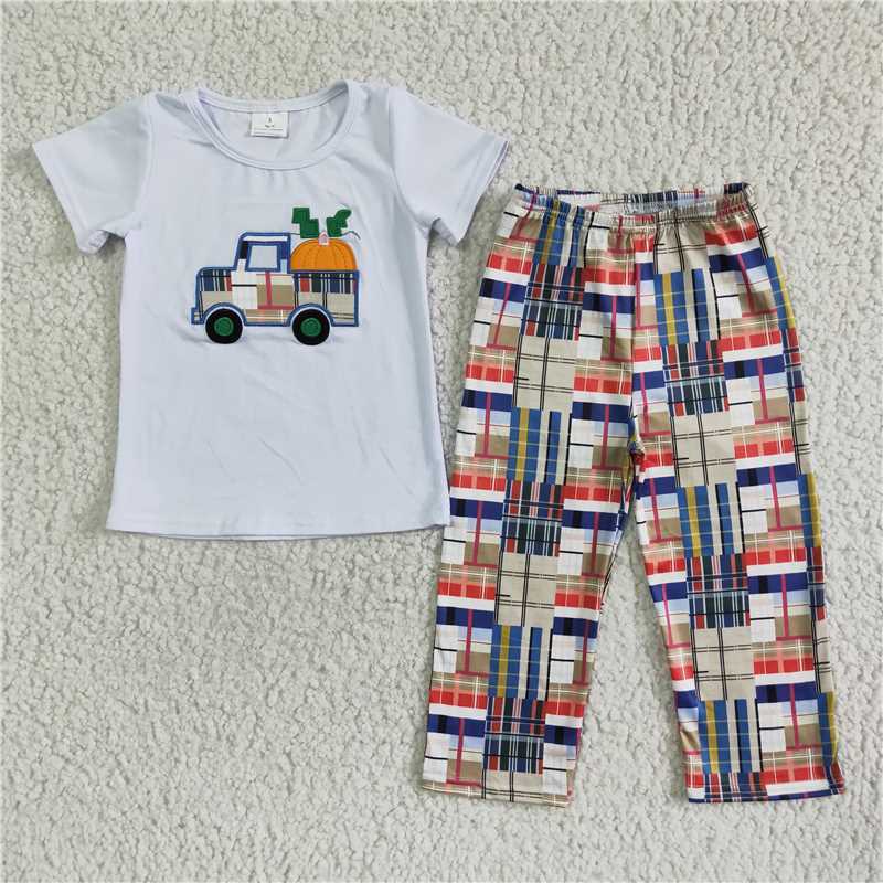 C1-22  boys white truck short sleeve plaid pants Set