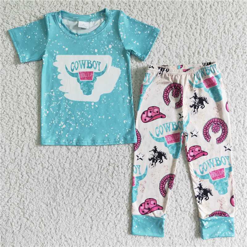 BSPO0005 boys blue cow short sleeve white pants Set