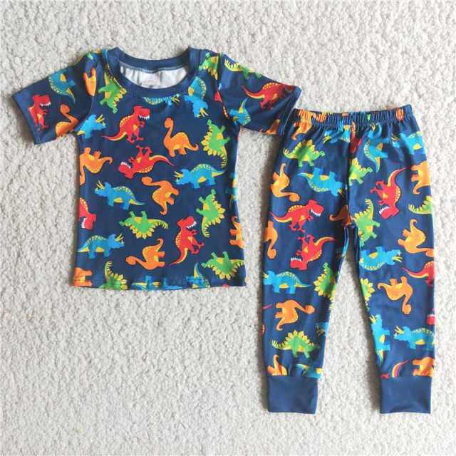 E2-29  boys dark blue dinosaurs short sleeve  pants Set