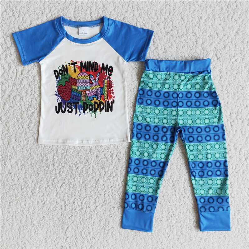 E10-29  boys white blue short sleeve black stripes pants Set