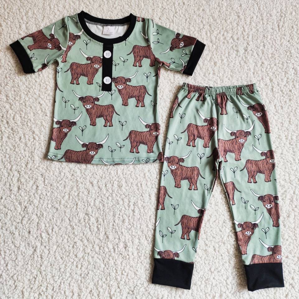 GSPO0051 boy green cow short sleeve pants Set