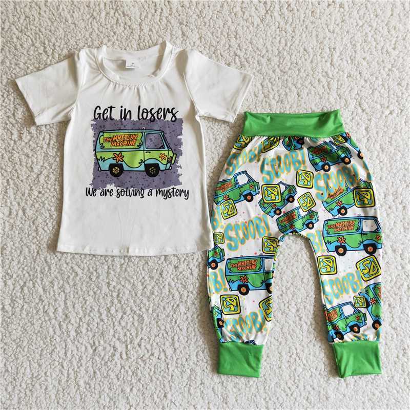 B9-28 boy white green car short sleeve green pants Set