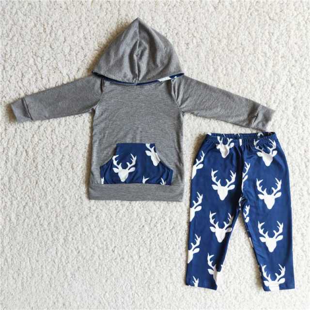 6 A15-11 boy grey deers  long sleeves blue pants sets