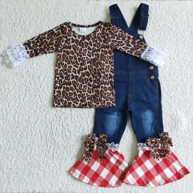 6 A23-4 C16-16 Leopard Print Lace Long Sleeve Top leopard plaid suspender jeans overalls outfits