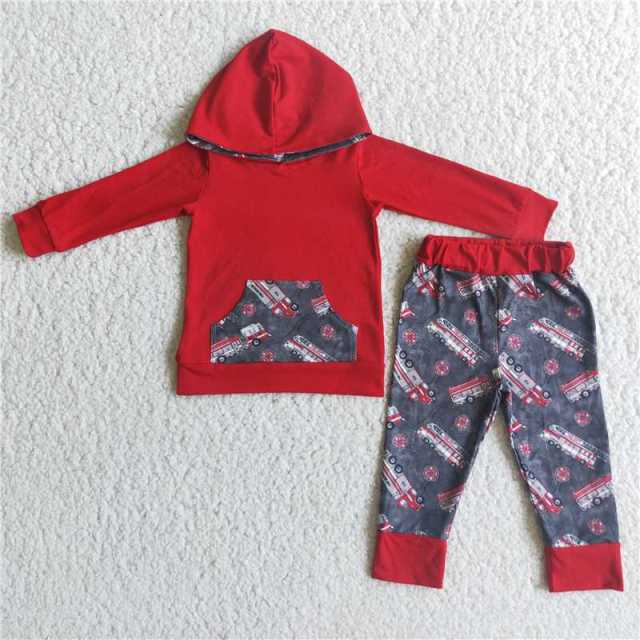 6 C8-2 boy red long sleeves black fire truck pants sets