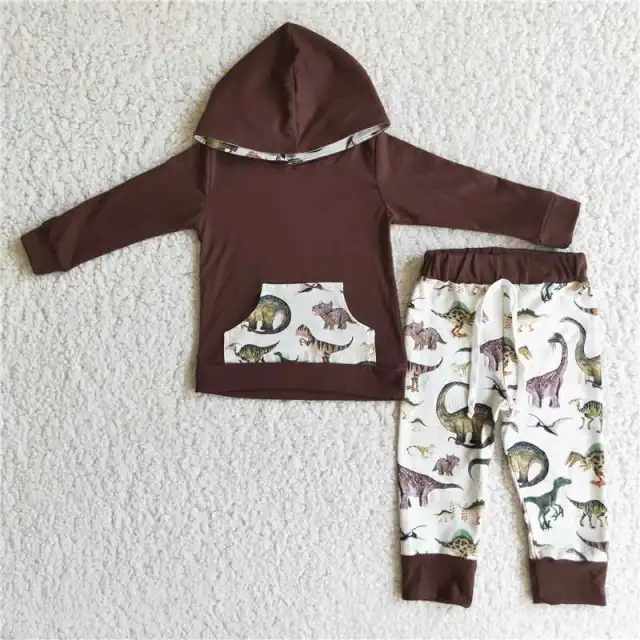 6 C8-22 boy brown dinosaurs long sleeves white pants sets