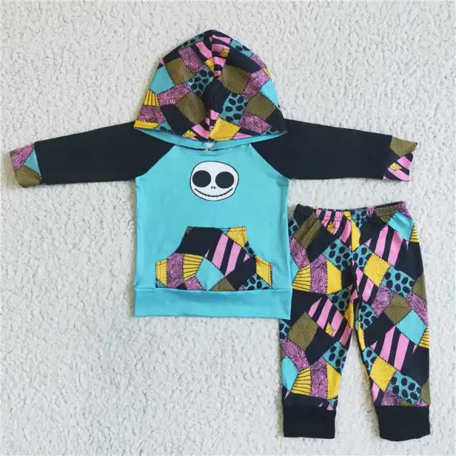 6 C6-36 boy blue skull  long sleeves plaid pants sets