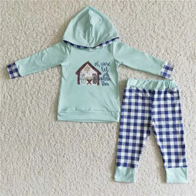 6 C11-18 boy mint green long sleeves plaid pants sets