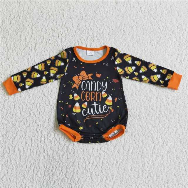 LR0103 black orange candy corn print romper