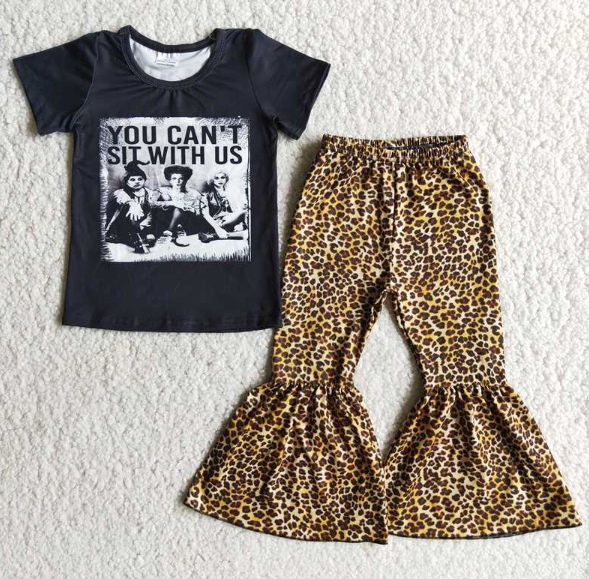 A0-23 Hocus Black Short Sleeve Top Leopard Print Flared Pants set