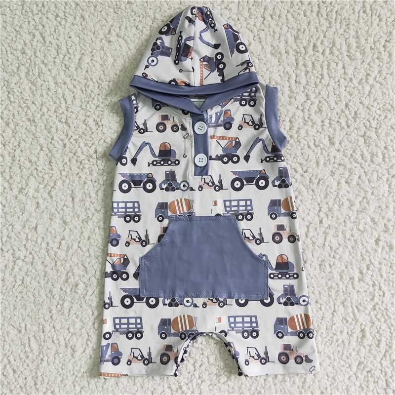 SR0045 grey hoodie trucks print sleeveless romper