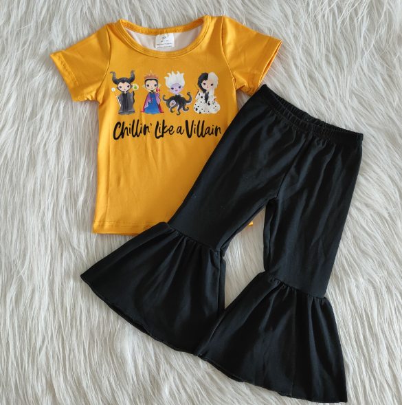 A1-15  Yellow  cartoon  Short Sleeve Black Pants Set