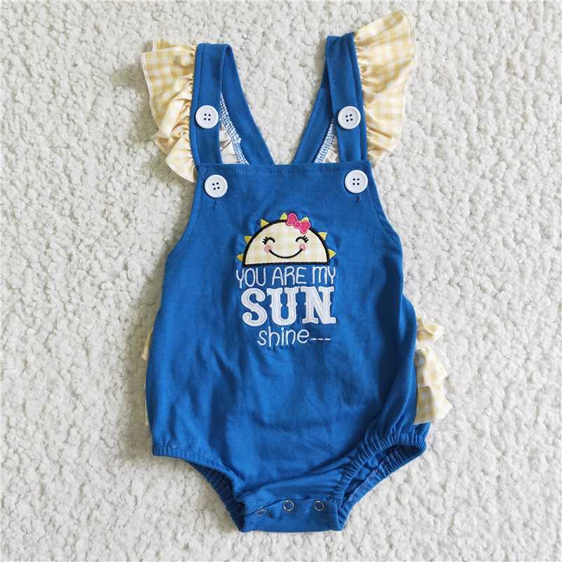 SR0035 yellow flutter blue sun print sleeve romper