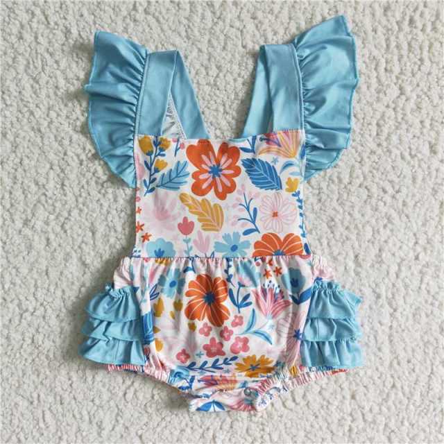 SR0037 blue floral print sleeve romper