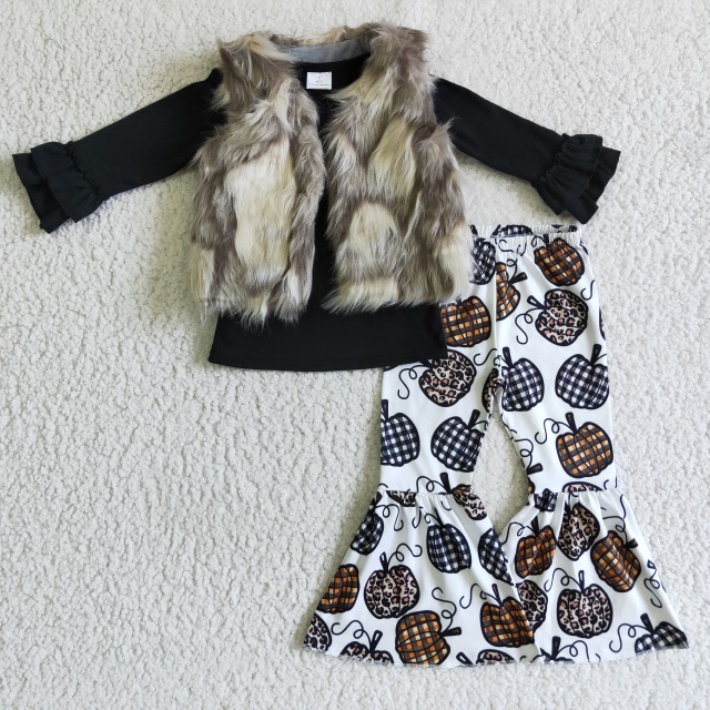 GLP0263  Girls Black Long Sleeve Leopard Pumpkin Trousers Set