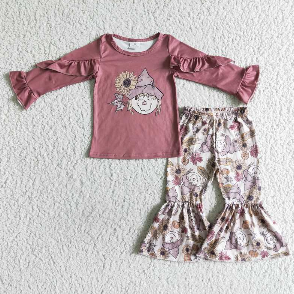 GLP0104  Girls Scarecrow Sunflower Long Sleeve Pants Set