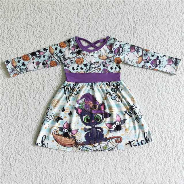 GLD0036 white purple cat pumpkin long sleeve dress
