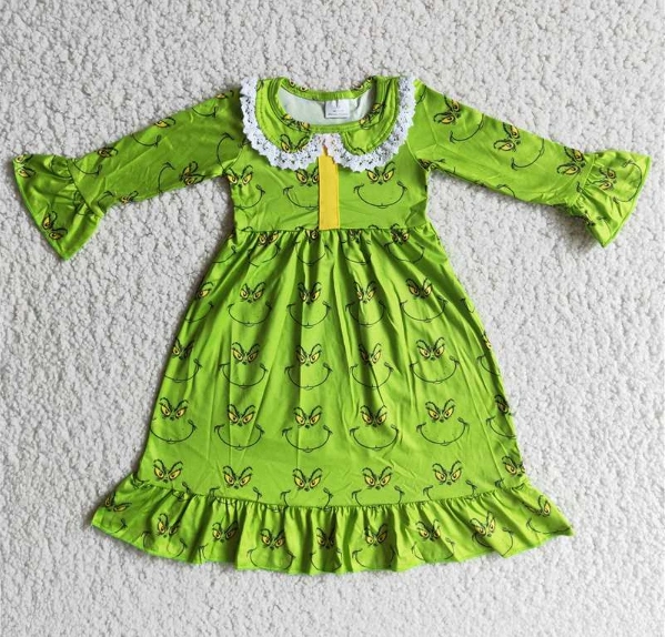 6 A14-30  Smiley Green Long Sleeve Dress Christmas Grinch Nightdress