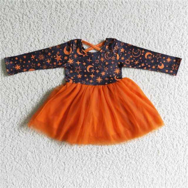 GLD0017 orange white stars long sleeve dress