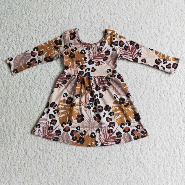 6B7-3 leopard leaves print Long Sleeve Dress