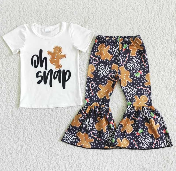 D12-14 Alphabet Gingerbread White Short Sleeve Villain Flared Pants Set