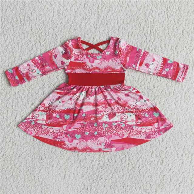 6A2-5 Valentine’s Day pink print Long Sleeve Dress