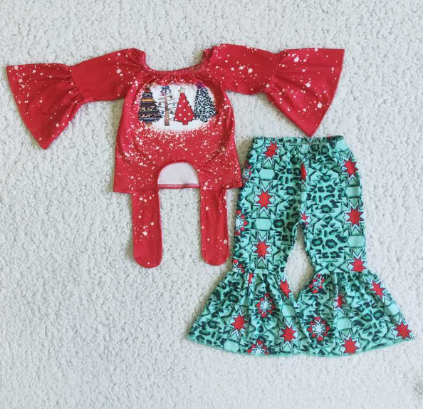 6 B10-4 Christmas Tree Red Flared Sleeve Top Flared Pants Set
