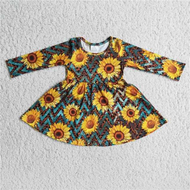 6B3-22 Blue Sunflowers print Long Sleeve Dress