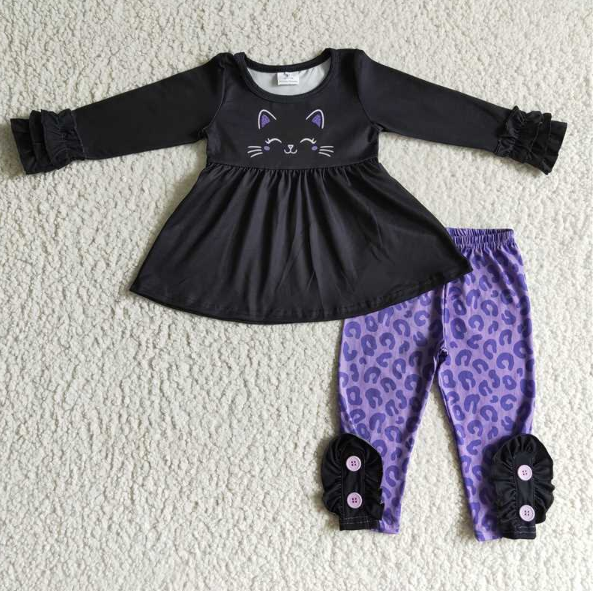 GLP0212 Girl Cat Long Sleeve Purple Leopard Pants Suit