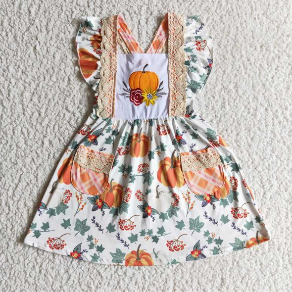 GSD0146 Embroidered Pumpkin Flower Pocket Fly Sleeve Tank Dress