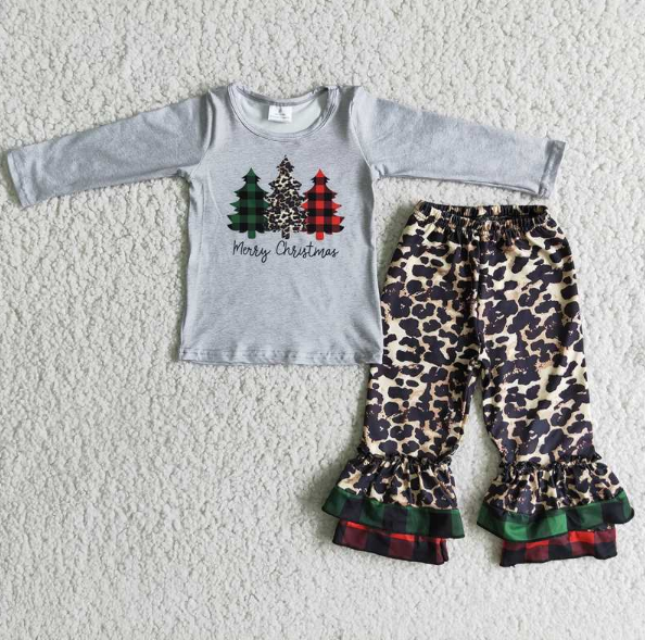 6 C6-38 Christmas Three Trees Grey Top + Leopard Pants Set