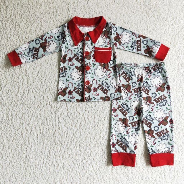 BLP0079  Boys Western Cowboy Santa YALL Pocket Long Sleeve Pants Set