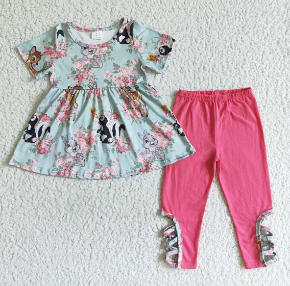 GSPO0154 Girls Flower Fawn Animal Short Sleeve Pants Set