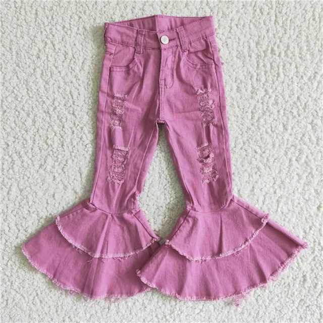 C13-11pink denim flared Pants