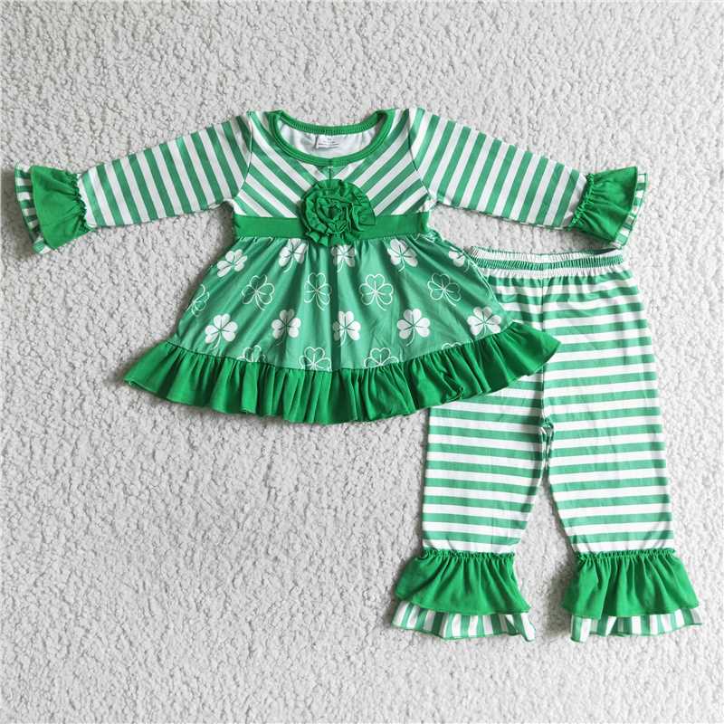 6 A17-11 girls four-leaf grass green Stripes Long sleeve pants Set