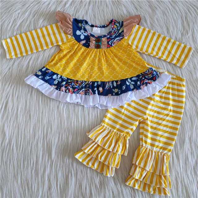 6 A20-11 yellow flowers long sleeve black yellow stripes pants Set