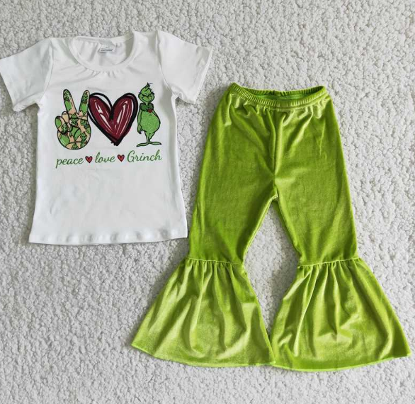 A0-2  Heart Gesture Short Sleeve Green Gold Velvet Flared Pants