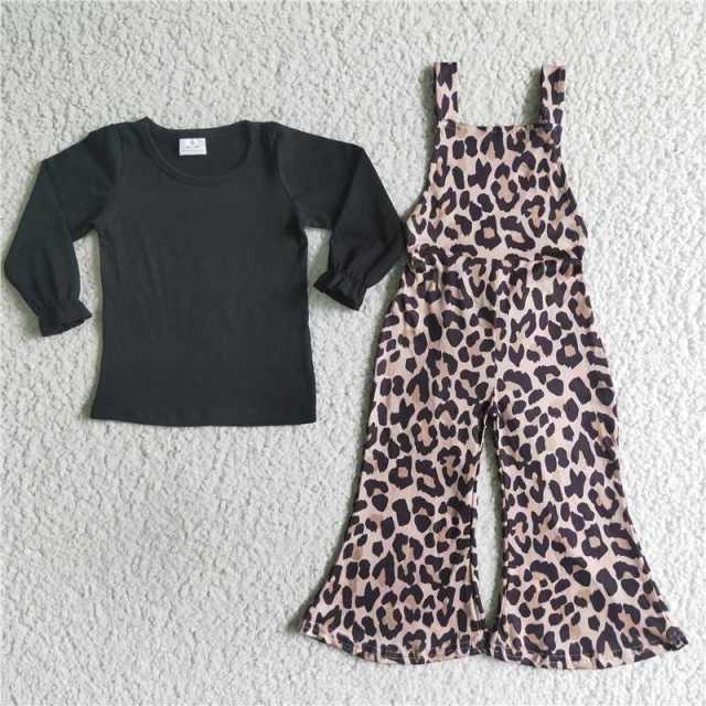 6 C6-24 black long sleeve shirt leopard overalls  set