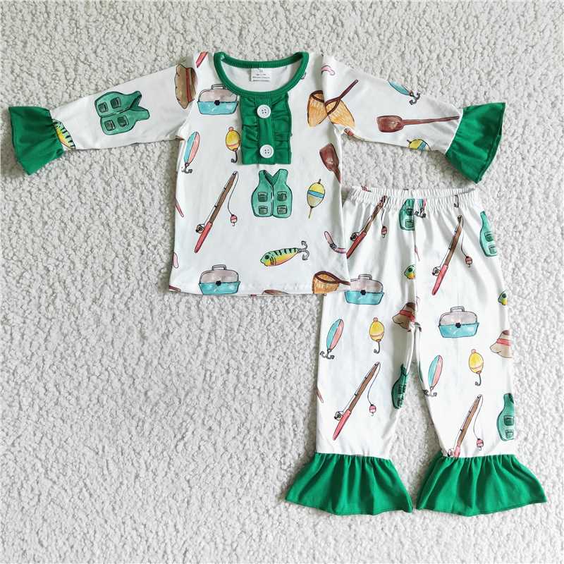 6 A3-11 green white lace fishing gear long sleeve shirt pants set