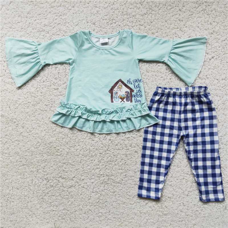 6 C10-27 blue house long sleeve shirt plaid pants set