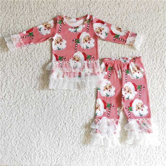 6 B12-18 Christmas Santa Claus pink white lace long sleeve shirt pants