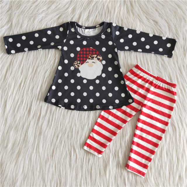 6 B7-1 Christmas Santa Claus black dots long sleeve shirt red stripes pants