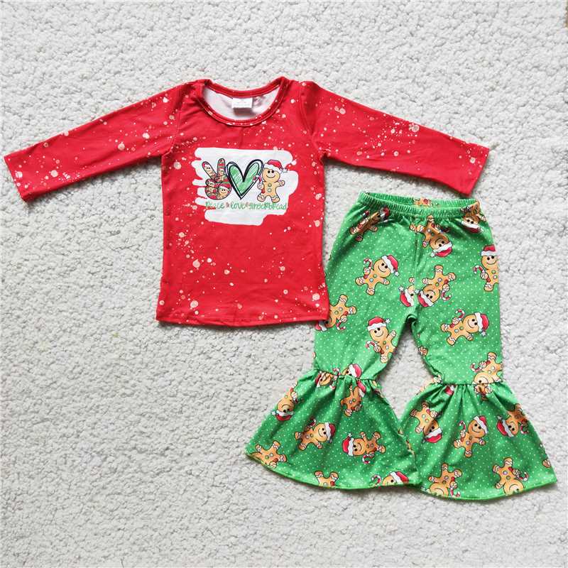 6 C10-29 Christmas red Ginger man long sleeve shirt Green Ginger man bell bottoms pants