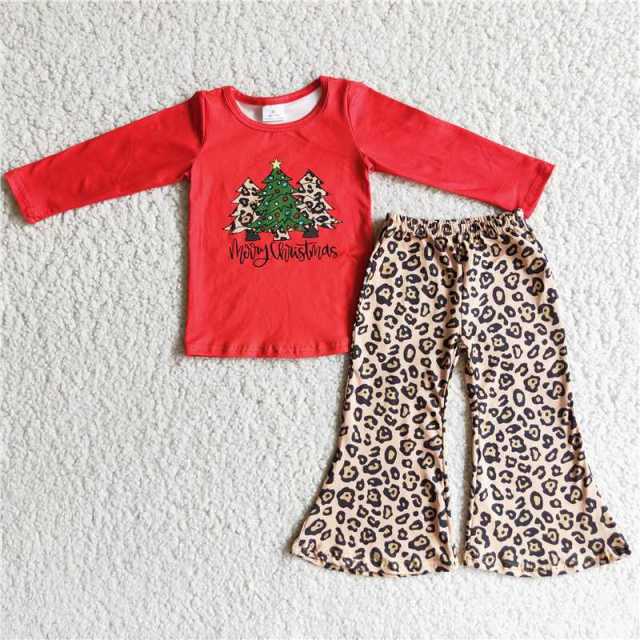 6 A4-19 Christmas tree red white long sleeve shirt leopard bell bottoms pants
