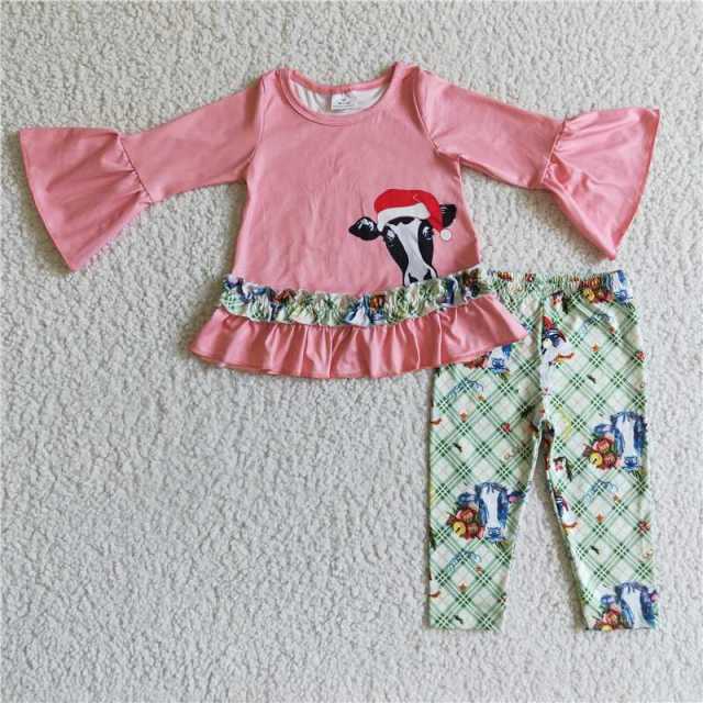 6 C10-30 Christmas cow Pink long sleeve shirt Green Plaid bell bottoms pants