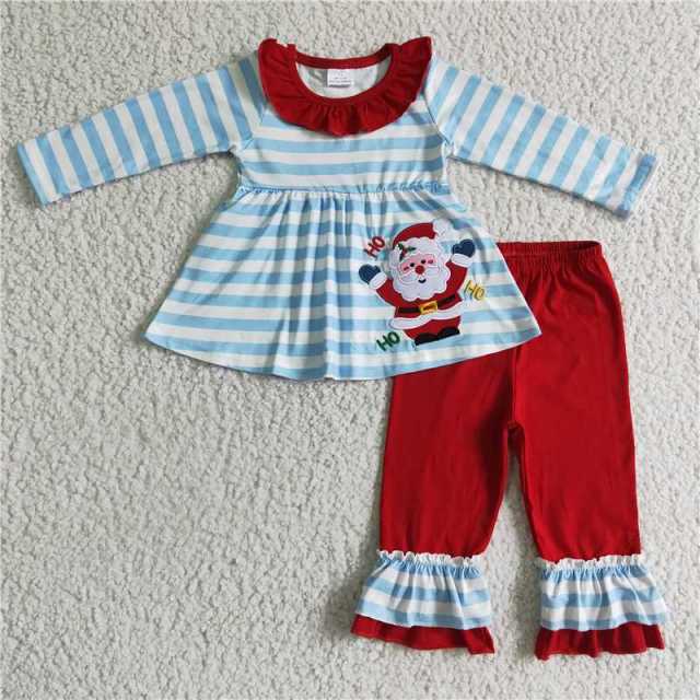 GLP0175 Christmas Santa Claus light blue girl long sleeve shirt red pants