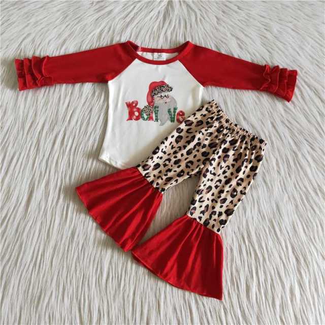 6 A19-27 Christmas Santa Claus red white girls long sleeve leopard red lace pants