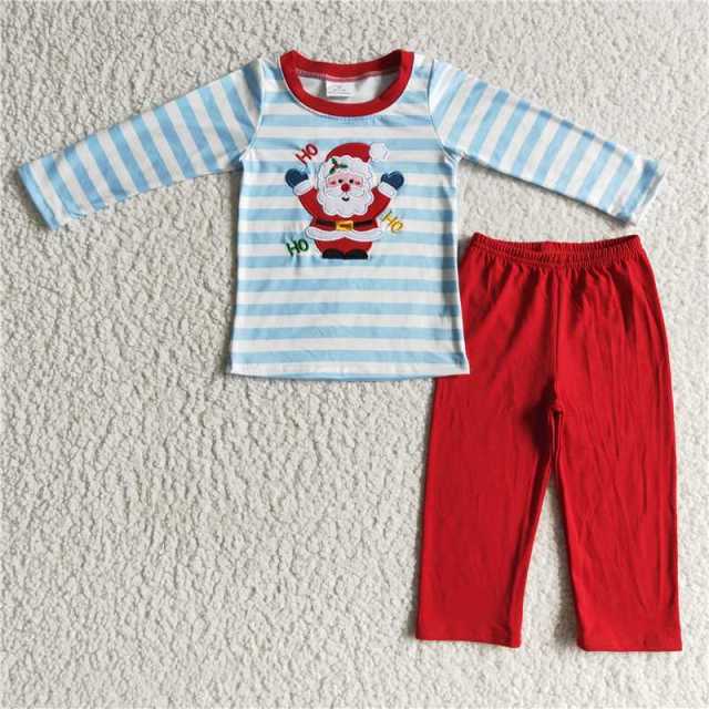 BLP0067 Christmas Santa Claus light blue girl long sleeve shirt red pants
