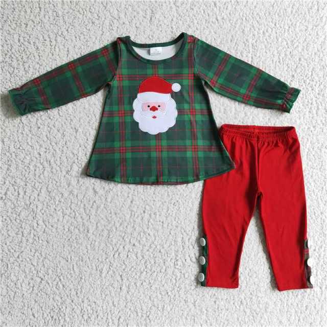 GLP0308 Christmas green grid Santa Claus long sleeve shirt red pants